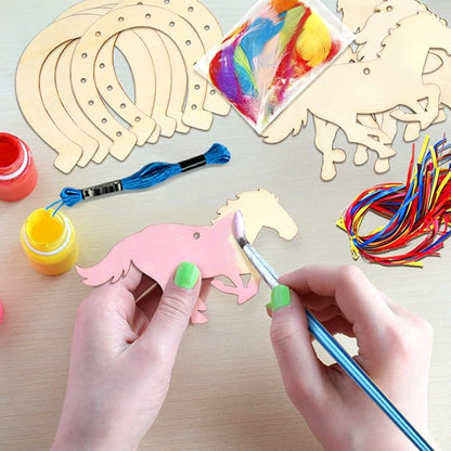 Fennoral 30 Pack Wooden Horse Craft for Kids Unfinished Wooden Cutouts Horse Horseshoes for Girls Boys Paint You Own Horse Dream Catcher Craft for Kids DIY Art Activity Party Favors Decoration