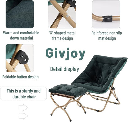 Comfy Saucer Chair with Ottoman, Oversized Folding Faux Fur Chair Soft Furry Lounge Lazy Chair with Metal Frame Moon Chair Accent Chair for Bedroom, Living Room, Dorm Rooms