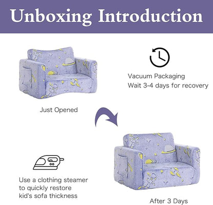 Tiita Kids Sofa, 2-in-1 Kids Sofa Chair, Convertible Children Couch to Lounger, Flip Out Kids Sofa Chair, Toddler Armrest Chair Bed, Folding Kids Play Sofa for Girl or Boy(Blue Astronauts)