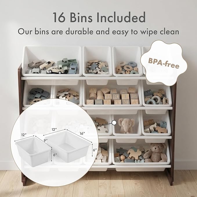 Humble Crew Toy Storage Organizer with 16 Removable Storage Bins for Kids Playroom, 4-Tier Toddler Toy Organization and Storage, Espresso/White
