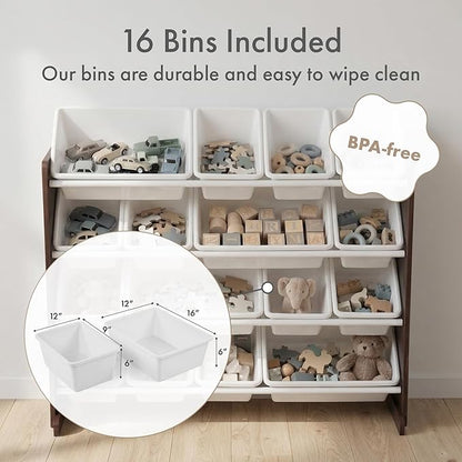 Humble Crew Toy Storage Organizer with 16 Removable Storage Bins for Kids Playroom, 4-Tier Toddler Toy Organization and Storage, Espresso/White