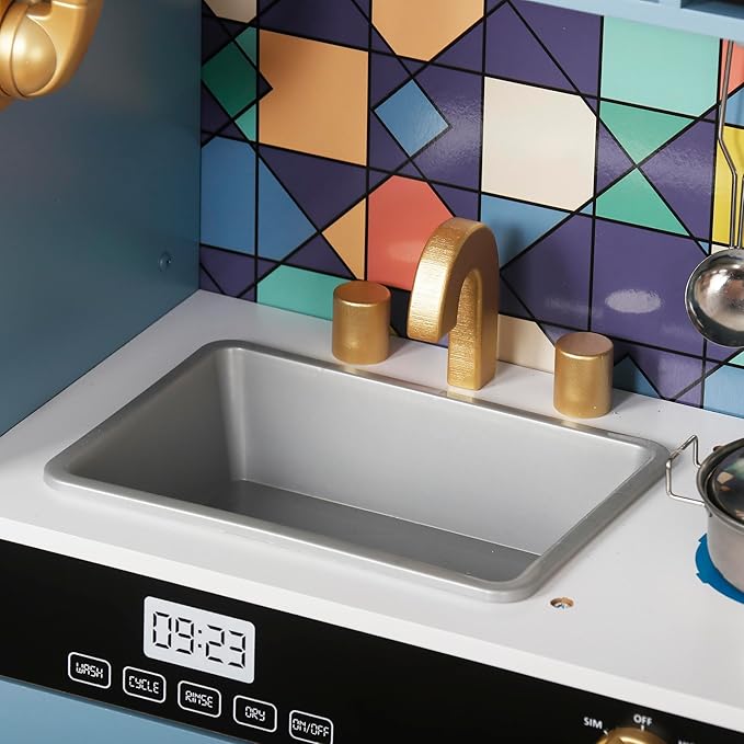 Wooden Play Kitchen Toy Set with Light, Kids Children Pretend Toy Kitchen Playset, Sink Play Toy Oven with Microwave,Toddler Cooking Set Toy for Ages 3+ Baby Girls Boys (Blue)