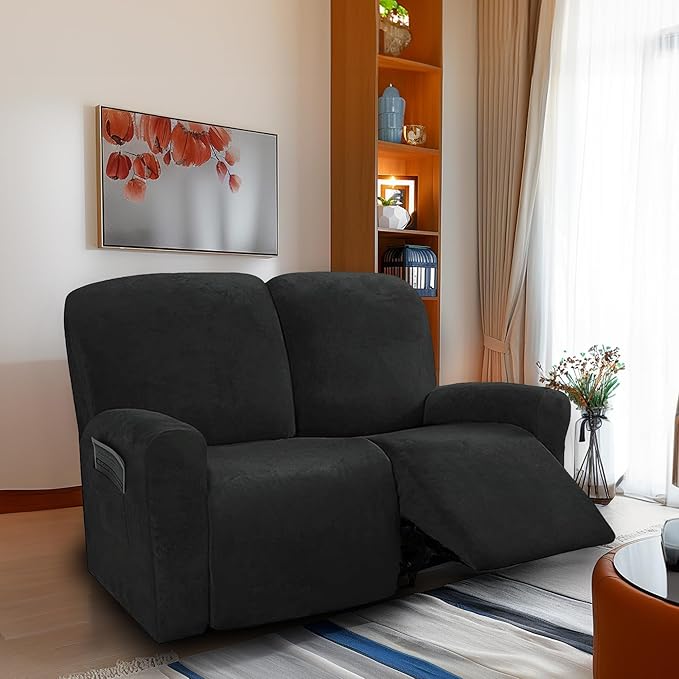 NORTHERN BROTHERS Stretchy Recliner Chair Covers, Velvet Recliner Covers, Lazy Boy Chair Cover (Black, loveseat)