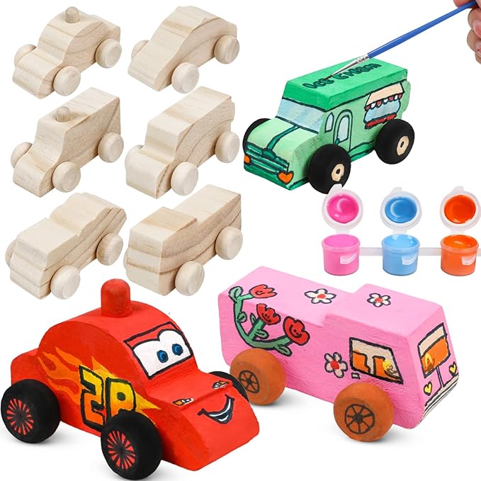 12 Pieces Wood DIY Car Toys Unfinished Wooden Cars Paintable Wood Car Blocks Crafts for Students Home Activities Easy Woodworking and Family Time Set for 3 4 5 Years Old Boys Girls