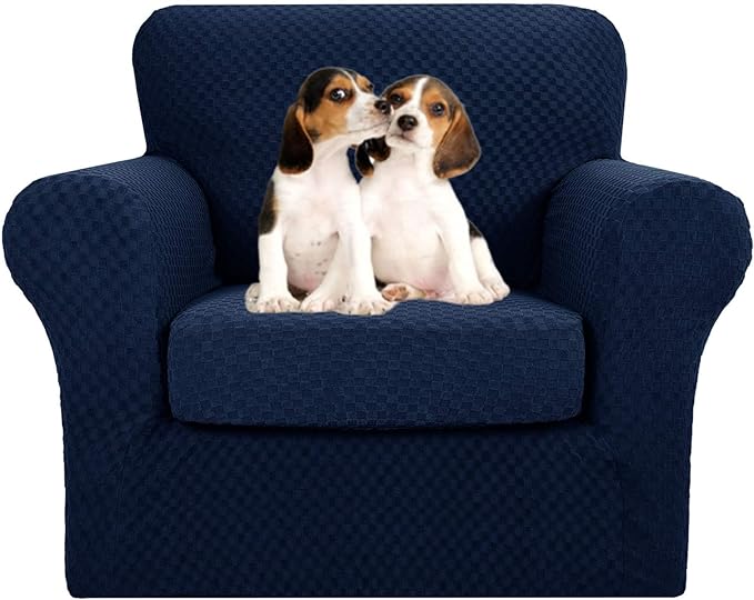MAXIJIN 2 Piece Jacquard Chair Covers with Arms Super Stretch Non Slip Chair Slipcover for Living Room Dogs Pet Friendly Elastic Sofa Couch Protector Armchair Cover (Chair, Navy Blue)
