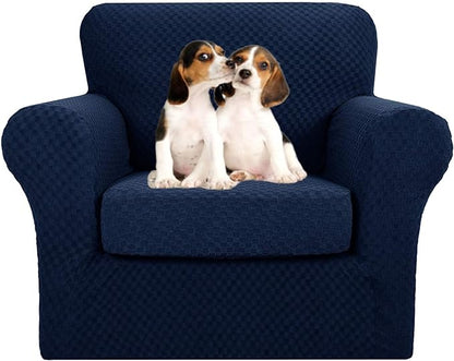 MAXIJIN 2 Piece Jacquard Chair Covers with Arms Super Stretch Non Slip Chair Slipcover for Living Room Dogs Pet Friendly Elastic Sofa Couch Protector Armchair Cover (Chair, Navy Blue)