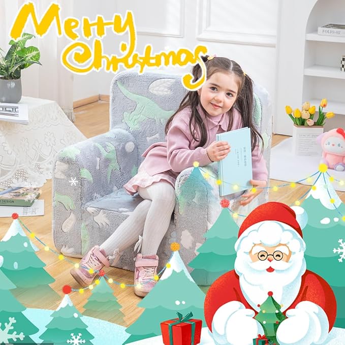 Snuggly-Soft Cuddly Toddler Plush Armchair for Boys and Girls Glowing Grey Fuzzy Plush Kids Sofa Couch Reading Chair with Children Friendly Handle for Easy Movement & Double Pockets for Storage