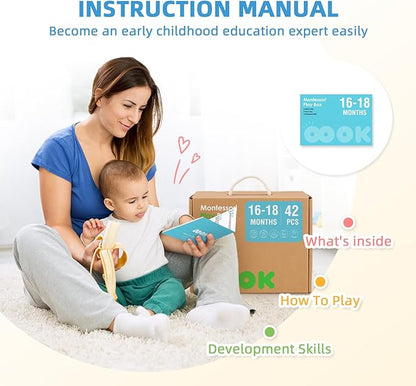 Montessori Educational Toys for 1 Year Old, 6 in 1 Learning Toys Set for Toddlers Wooden Toy Present (3-in-1 Edutational Box, Stacking Roctet Ship, Touch & Match Board, Picture Book and More)