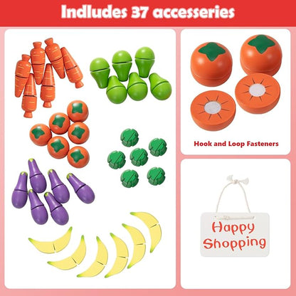 INFANS Grocery Store Marketplace Toy for Kids, Wooden Market Stand Pretend Play Set with 36 Cutting Vegetables Fruits Pieces, Role Food Shop Playset Gift for Boys Girls Ages 3+