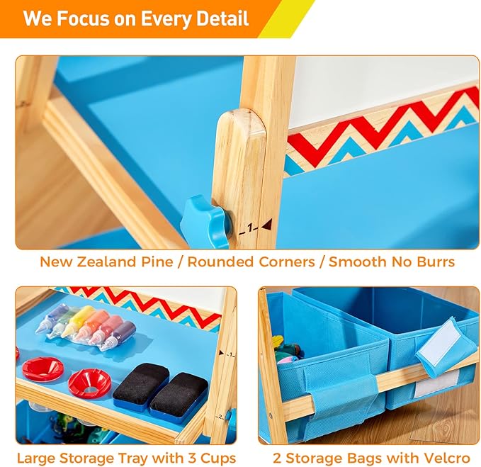 FUNLIO Anti-Warping Kids Art Easel, 3 Height Adjustable for Kids Aged 2-8, All-in-One Toddler Easel with Paper Roll & Erasable Frame, Standing Easel with Magnetic Chalkboard/Whiteboard (Blue)