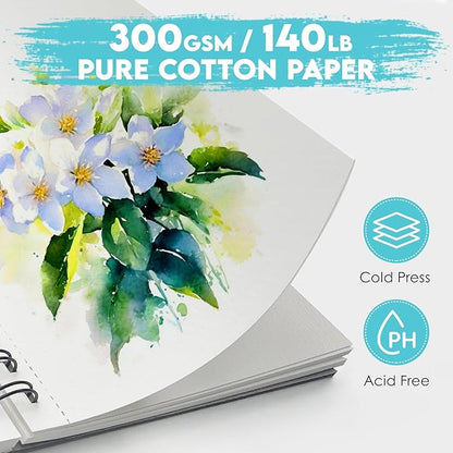 KOVIEDE 100% Cotton Watercolor Paper Pad 30 Sheets, Cold Press 140lb/300gsm Spiral Bound Watercolor Sketchbook, Artist Quality Art Journal Supplies (Floral-Purple, 5.5“x8.5)