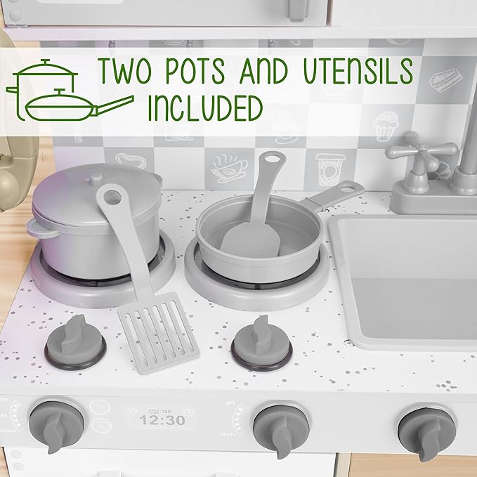 Lil' Jumbl Kids Kitchen Set, Pretend Wooden Play Kitchen with Chalk Board, Play Phone, Towel Rack & Ice Dispenser, Clicking Knobs, Pots & Utensils Included - Natural