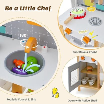 Kids Kitchen Playset, Wooden Play Kitchen with Sink, Stove, Oven, Dish Rack, Storage Cabinet, Cooking Accessories, Little Chef Pretend Play Toy Kitchen Set Gift for Toddler, Boys, Girls