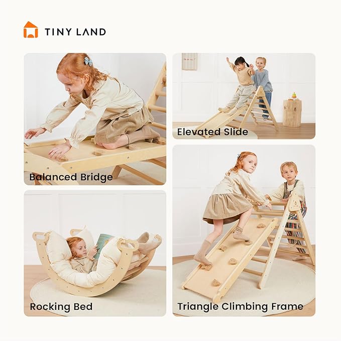 Tiny Land Pikler Triangle Set, 7-in-1 Foldable Pikler Triangle Climbing Toys Set for Kids,Baby Indoor Playground Jungle Gym, Wooden Montessori Climbing Set for Toddler (Natural)