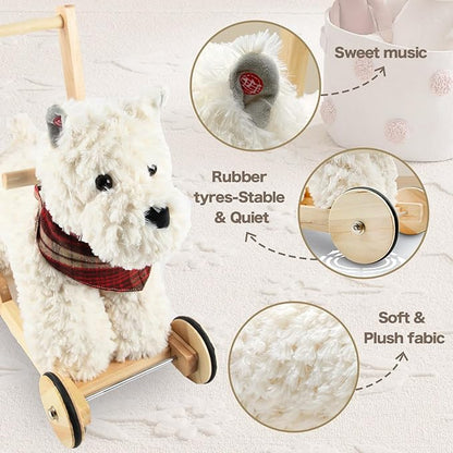 Rock My Baby Wooden Baby Walker, Baby Push Walker with Wheels for 12M+, Toddler Learning to Walk Toy with Sweet Music ＆ Animal Seat 2 in 1 Sit-to-Stand Walker Toy Gift for Boy Girl (Scottie Dog)