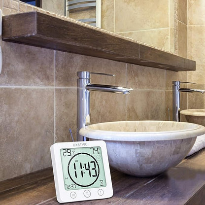 Digital Shower Clock, Bathroom Timer Clock, Waterproof for Water Spray, Count Up Count Down Alarm, Touch Screen Timer, Temperature Humidity, Wall Clock Magnet, Suction Cup, Hang, Stand (1pack)