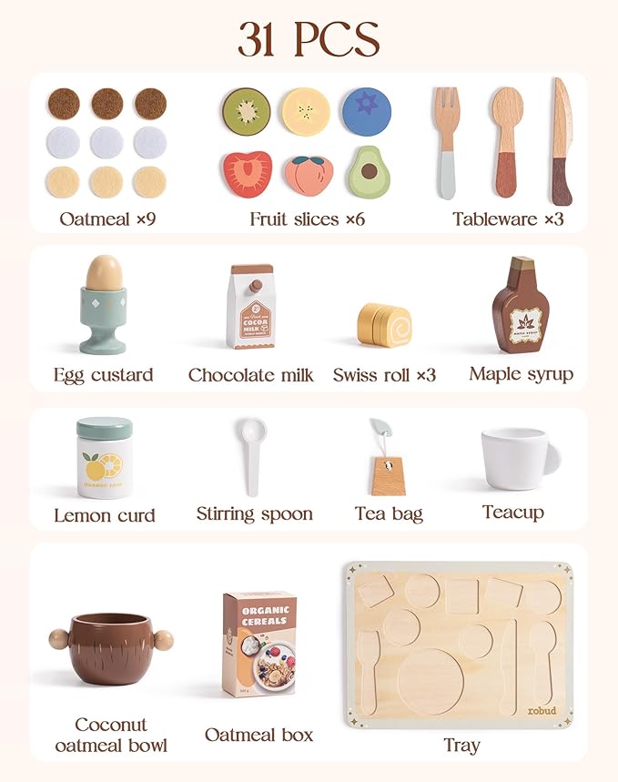 ROBUD 31-Piece Wooden Play Food Set for Kids - Coconut Oats Montessori Kitchen Toys, Educational Pretend Play Dishes with Accessories for Toddlers