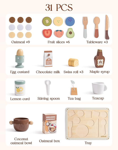 ROBUD 31-Piece Wooden Play Food Set for Kids - Coconut Oats Montessori Kitchen Toys, Educational Pretend Play Dishes with Accessories for Toddlers