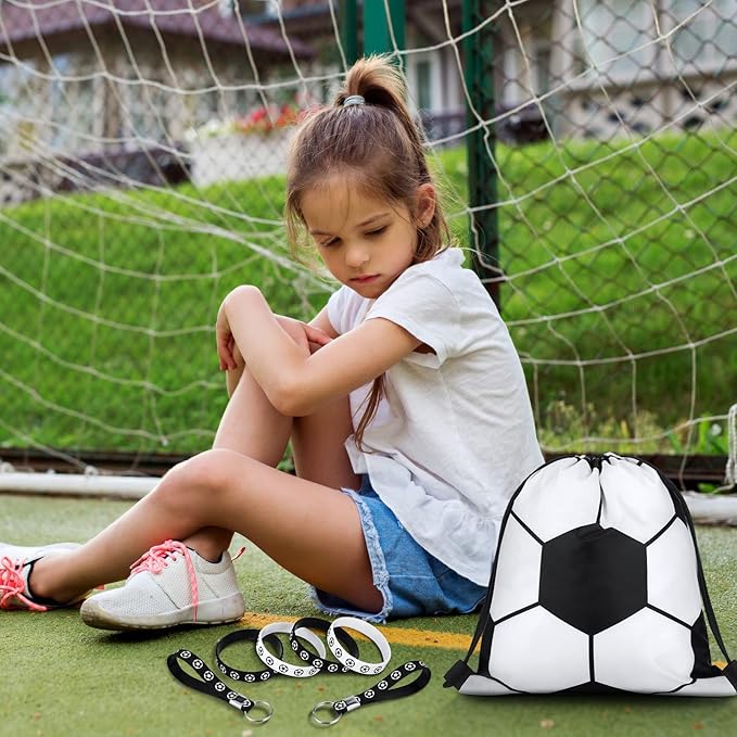 34 Pieces Soccer Party Favors 10 Soccer Drawstring Bags Sports Gym 12 Soccer Bracelet Wristband Silicone Rubber Bracelet 12 Soccer Keychains Soccer Team Gift for Men Women Sport