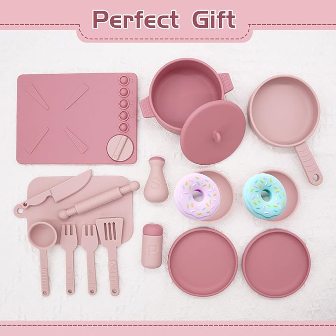 Play Kitchen Accessories, Silicone Pretend Play Kitchen Toys Set, Play Kitchen Pots and Pans Set for Kids, Learning Education Cooking Toys for Girls(Pink)