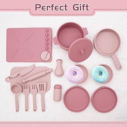 Play Kitchen Accessories, Silicone Pretend Play Kitchen Toys Set, Play Kitchen Pots and Pans Set for Kids, Learning Education Cooking Toys for Girls(Pink)