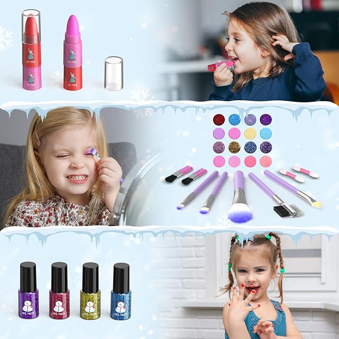 GirlsHome Kids Makeup Kit for Girl 35 Pcs Washable Toddler Makeup Kit, Girl Toys Real Cosmetic Little Girls Makeup Set, Safe & Non-Toxic Frozen Makeup Set for 3-12 Year Old Kids (Purple)