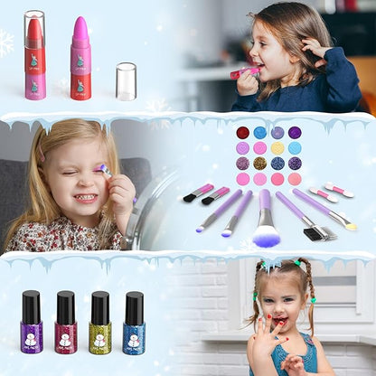GirlsHome Kids Makeup Kit for Girl 35 Pcs Washable Toddler Makeup Kit, Girl Toys Real Cosmetic Little Girls Makeup Set, Safe & Non-Toxic Frozen Makeup Set for 3-12 Year Old Kids (Purple)