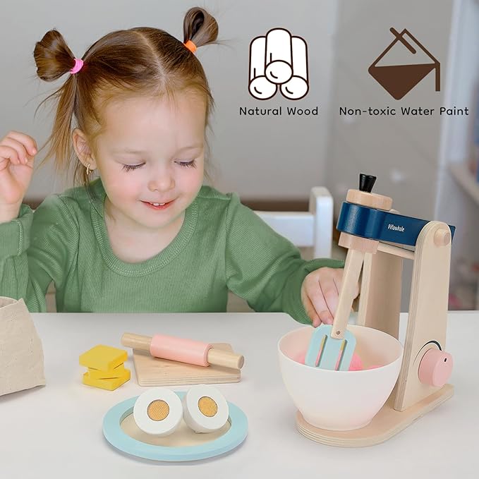 Kids Kitchen Playset, Wooden Toy Mixer with Toy Food, Toddler Baking Set Stand Mixer, Pretend Play Toy Blender for Boys and Girls Ages 3+