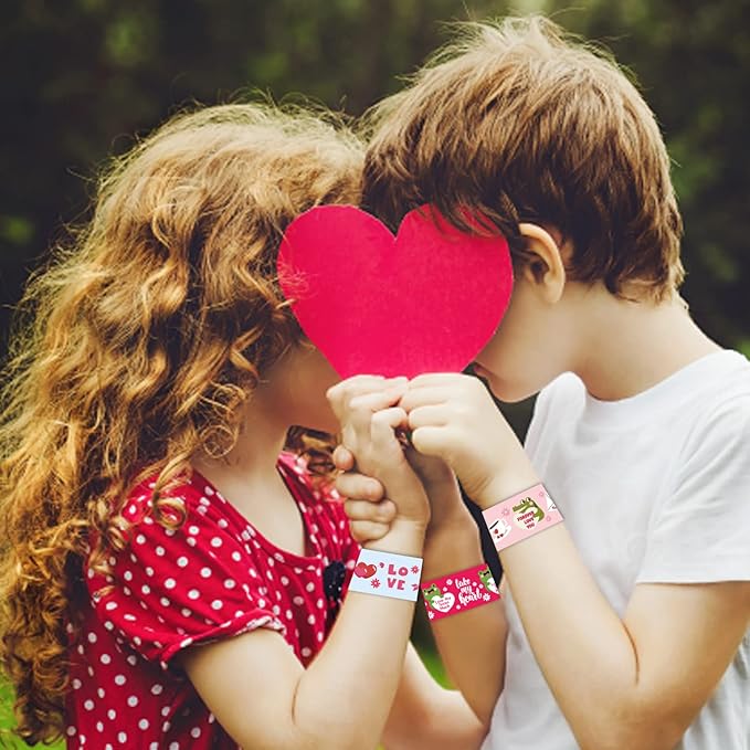 CCINEE 48PCS Valentine's Day Slap Bracelets, Assorted Heart Animal Printed Slap Wristbands Valentine Cartoon Snap Bands for Kids School Classroom Exchange Gifts Party Favor