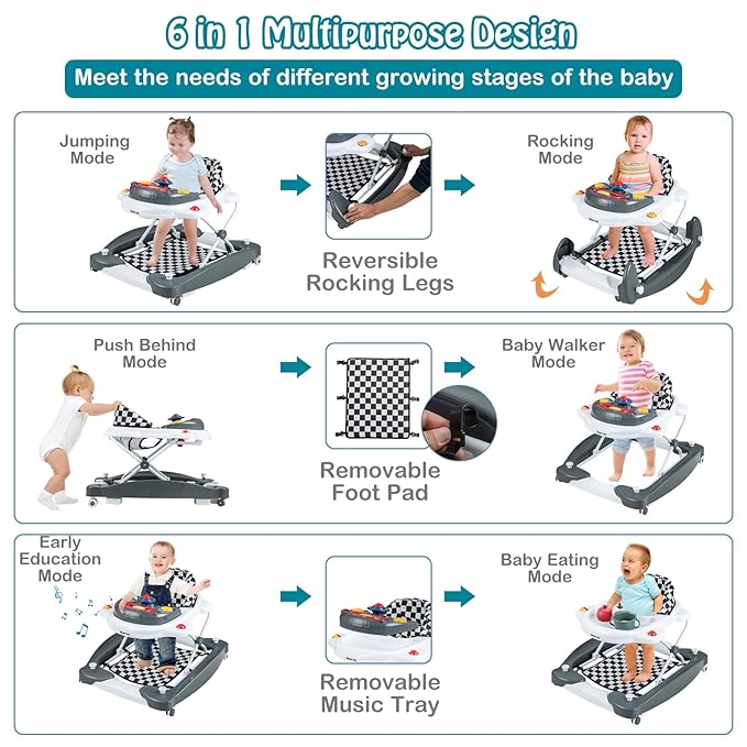 HONEY JOY Baby Walker, 6-in-1 Foldable Baby Walker and Bouncer Combo, Infant Activity Walker with Wheels, Adjustable Heights, Rocker, Music, Lights, Walker for Baby Boy Girl 7-14 Months (Gray)