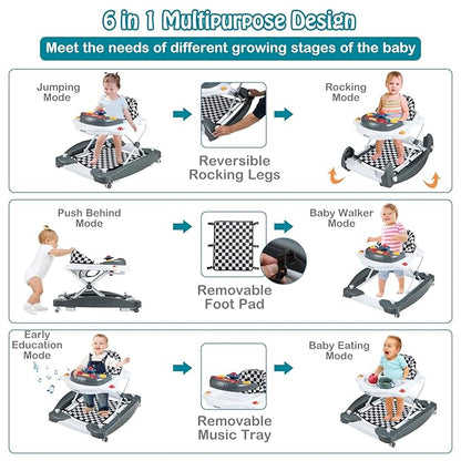 HONEY JOY Baby Walker, 6-in-1 Foldable Baby Walker and Bouncer Combo, Infant Activity Walker with Wheels, Adjustable Heights, Rocker, Music, Lights, Walker for Baby Boy Girl 7-14 Months (Gray)