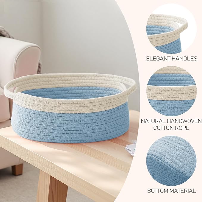 JMvicyroam Woven Basket,Small Rope Storage Bin with Handles & Ribbon Bag, Organizer for Shelves Closets,Gift Basket Empty for Birthday,Books,Dog Toys, White&Blue/2 Pack