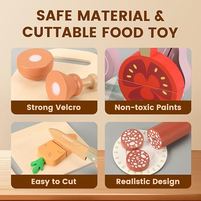 Play Knife Set, Play Kitchen Accessories, Wooden Pretend Play Food Set Toys for Kids Toddlers, Gifts for 2 3 4 Years Old Girls Boys