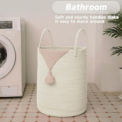 JMvicyroam Large Woven Laundry Basket Hamper,60L Cotton Rope Storage Bin for Blankets,Toys and Clothes,Decorative Tall Nursery Hamper for Living Room,Baby Nursery,Bathroom and Bedroom,White