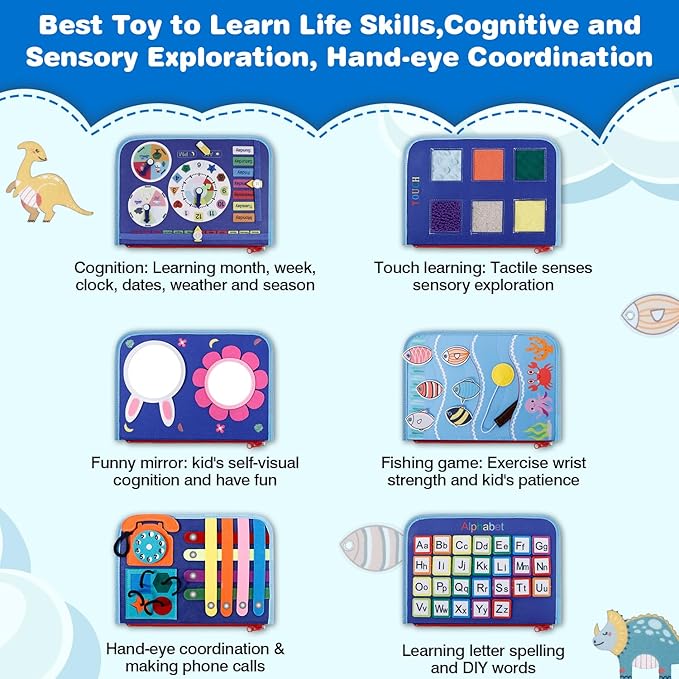 JHkim Busy Board Montessori Toys for 1 2 3 4 Year Old Boys Girls Gifts, Sensory Toy for Toddlers 1-3, Educational Activities Travel Toy for Airplane Car, Busy Book for Learning Fine Motor Skills,Blue