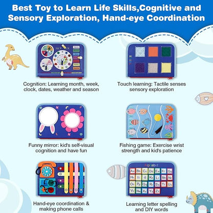 JHkim Busy Board Montessori Toys for 1 2 3 4 Year Old Boys Girls Gifts, Sensory Toy for Toddlers 1-3, Educational Activities Travel Toy for Airplane Car, Busy Book for Learning Fine Motor Skills,Blue