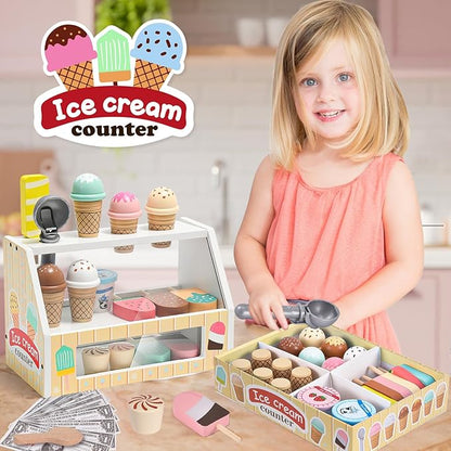 Toyssa Wooden Ice Cream Toys Kids Pretend Play Store Toys for Toddlers Girls 3 4 5 6, Wooden Food Christmas Birthday Gifts Play Kitchen Accessories for 2 3 4 5 Year Old Girls Boys