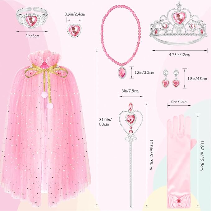 10 Pieces Princess Cape Set Dress up Clothes for Little Girls Party Cosplay Cloak with Jewelry Tiara Crown Wand Gloves