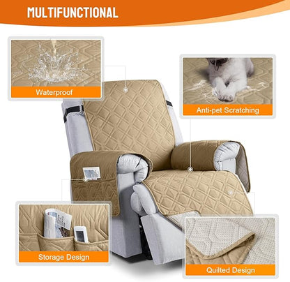 VANSOFY 100% Waterproof Recliner Chair Covers, Recliner Cover Non-Slip Dog Chair Cover Furniture Protector Washable Slipcover with Pocket, Elastic Straps for Pets, Dogs(Sand, 28")