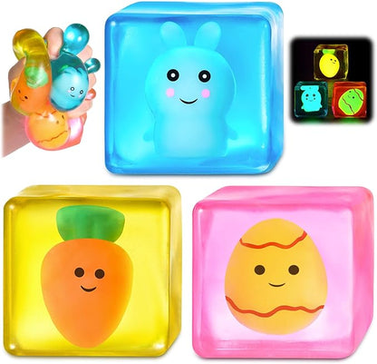 Easter Basket Stuffers - Glow in The Dark Easter Egg Fillers Squishy Bunny Stress Cube Easter Gifts for Kids Adults Fidget Toys Stress Balls for Kids with Autism Easter Basket Essentials for Teens