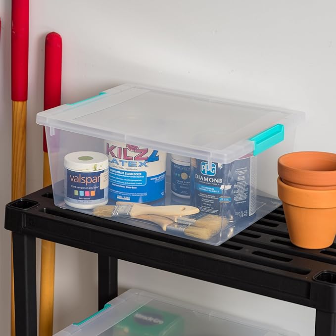 IRIS USA 12 Qt. Craft Storage Bins with Lids, 4-Pack, |Made in USA|, Clip Box, Medium Plastic Sensory Bin Tote Organizer Containers for Art Supplies, Paper, & Office, Stackable - Clear/Seafoam Blue