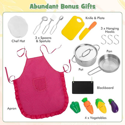 HONEY JOY Kids Kitchen Playset with Lights, Double Side Little Chef Play Kitchen for Toddler & Grocery Store, Cookware, Sink, Storage Cabinet, Wooden Pretend Play Toy Kitchen Cart with Wheels, Green