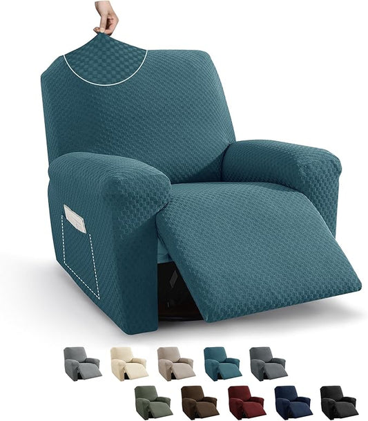 MAXIJIN Recliner Cover Slipcovers for Living Room 4 Pieces Stretch Jacquard Recliner Chair Cover Soft Fitted Recliner Protector with Elastic Bottom for Kids, Pets (Recliner, Peacock Blue)