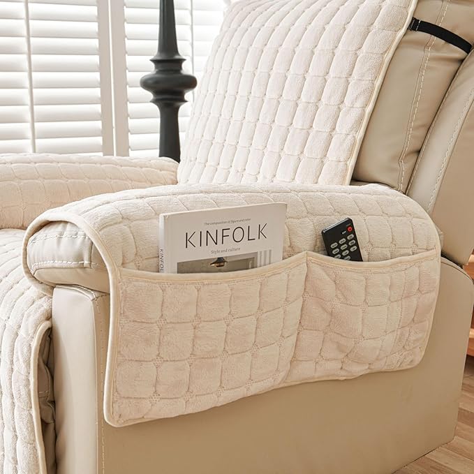 Quilted Recliner Chair Covers, Plush Non Slip Chair Slipcover Soft Washable Couch Cover Furniture Protector with Elastic Straps and Pocket for Kids, Dogs, Pets (Beige, 1 Seater)