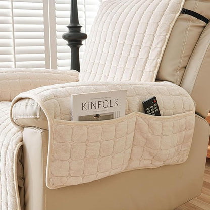 Quilted Recliner Chair Covers, Plush Non Slip Chair Slipcover Soft Washable Couch Cover Furniture Protector with Elastic Straps and Pocket for Kids, Dogs, Pets (Beige, 1 Seater)