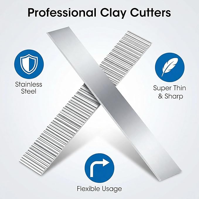 Polymer Clay Cutters - Premium Stainless Steel Clay Cutting Tools Set with 2 Straight Tissue Blades for Polymer Clay, 3 Curved Wave Blades, Professional Clay Slicing Tool Kit -Protect Fingers