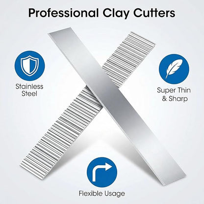 Polymer Clay Cutters - Premium Stainless Steel Clay Cutting Tools Set with 2 Straight Tissue Blades for Polymer Clay, 3 Curved Wave Blades, Professional Clay Slicing Tool Kit -Protect Fingers