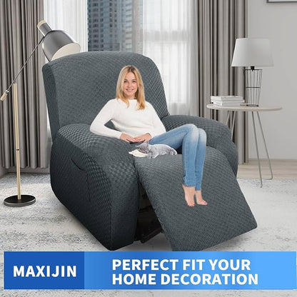 MAXIJIN Oversized Recliner Covers That Stay in Place 4 Pieces Stretch Large Recliner Chair Covers Jacquard Dogs Cats Proof Reclining Slipcovers with Elastic Bottom (XL Recliner, Dark Gray)