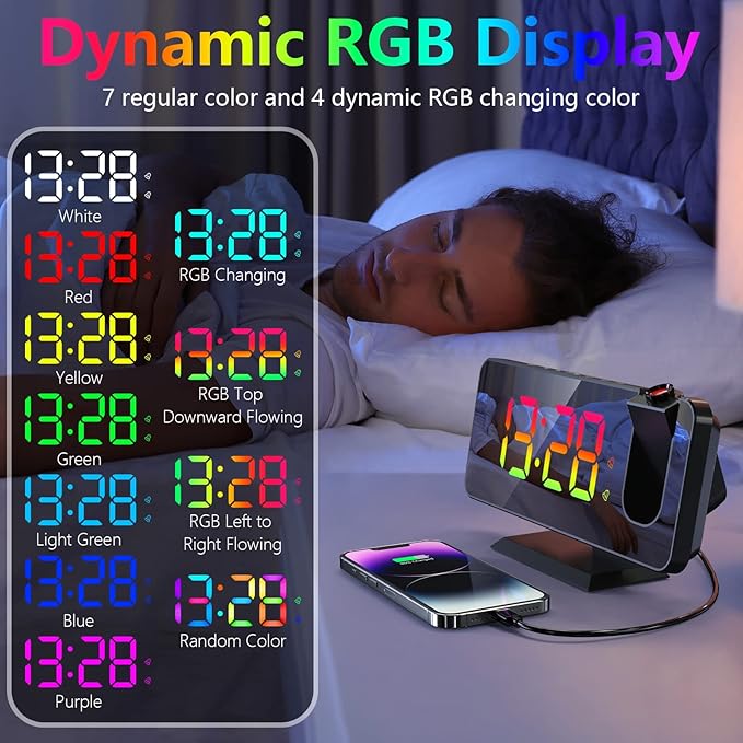 Projection Alarm Clock for Bedroom Ceiling,11 Colors RGB Digital Clock Large Display, 7.3'' Large Mirror Screen with Dual Alarm,5 Auto Dimmer,12/24H, Snooze,180°Projector on Ceiling