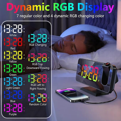 Projection Alarm Clock for Bedroom Ceiling,11 Colors RGB Digital Clock Large Display, 7.3'' Large Mirror Screen with Dual Alarm,5 Auto Dimmer,12/24H, Snooze,180°Projector on Ceiling